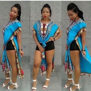 African Dashiki Blue Tall Shirts with Slits